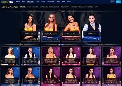 Play live dealer blackjack, roulette and poker at William Hill live casino section William Hill live casino section