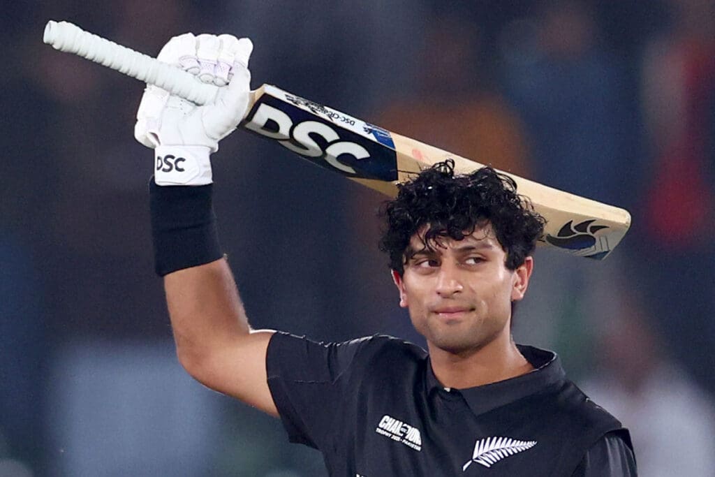 Rachin Ravindra celebrates his century for New Zealand against Bangladesh in the 2025 ICC Champions Trophy