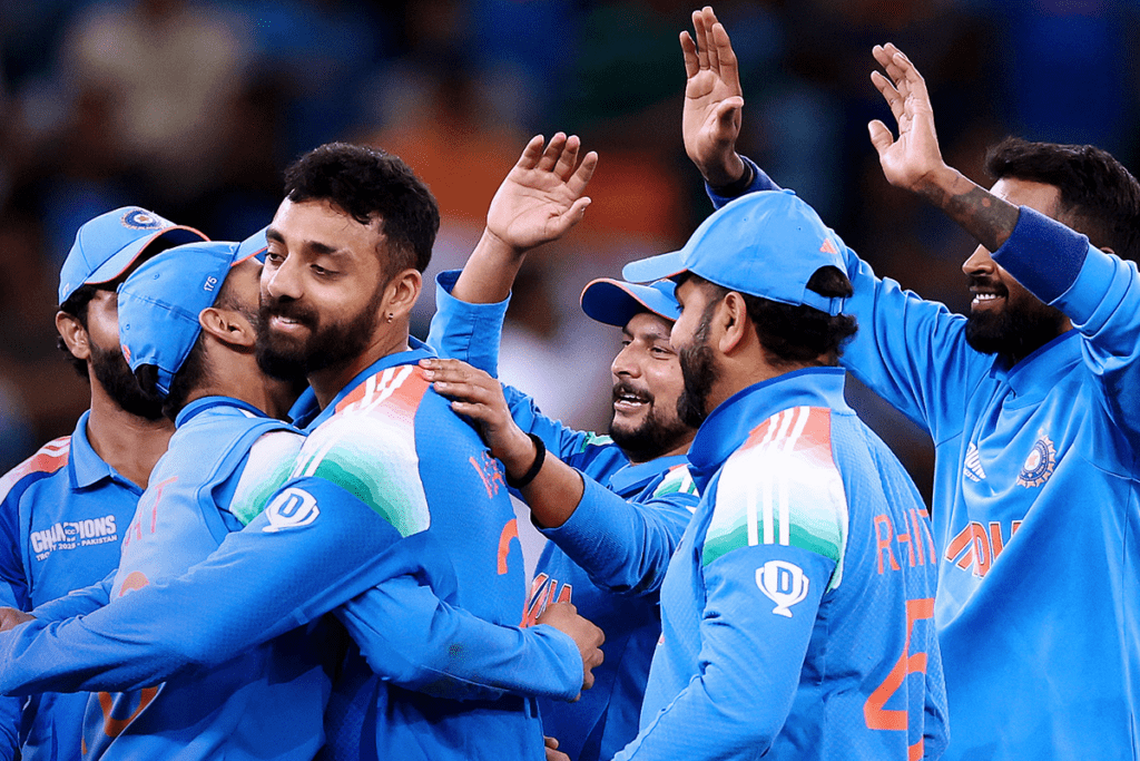 India celebrate a wicket during their Champions Trophy victory over New Zealand - March 2, 2025