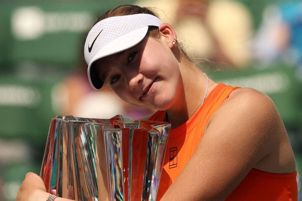 Mirra Andreeva celebrates her win in the 2025 Indian Wells Open women's final